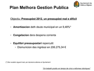 Plan Melhora Gestion Publica

      Objectiu: Pressupòst 2012, un pressupòst real e dificil


      - Amortizacion deth deute municipal en un 9,48%*


      - Congelacion dera despena correnta


      - Equilibri pressupostari repercutit
         - Dismunicion des ingrèssi en 206.275,34 €




(*) Non acabèc siguent real, per decisions alienes ar Ajuntament



                                                    “Un trebalh positiu en temps de crisi e reformes istoriques”
 