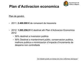 Plan d’Activacion economica

Plan de govèrn


- 2011: 2.400.000 € de romanent de tresoreria


- 2012: 1.265.258,51 € destinat ath Plan d’Activacion Economica
  2012
   - 50% destinat a inverssion publica
   - 50% Destinat a manteniment públic, conservacion publica,
     melhora publica e minimizacion d’impacte d’increments de
     despena non controtlada




                          “Un trebalh positiu en temps de crisi e reformes istoriques”
 