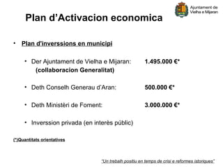 Plan d’Activacion economica

• Plan d'inverssions en municipi

     • Der Ajuntament de Vielha e Mijaran:              1.495.000 €*
        (collaboracion Generalitat)

     • Deth Conselh Generau d’Aran:                     500.000 €*

     • Deth Ministèri de Foment:                        3.000.000 €*

     • Inverssion privada (en interès públic)

(*)Quantitats orientatives



                                 “Un trebalh positiu en temps de crisi e reformes istoriques”
 