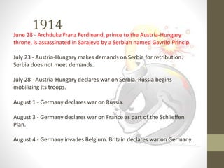 1914
June 28 - Archduke Franz Ferdinand, prince to the Austria-Hungary
throne, is assassinated in Sarajevo by a Serbian named Gavrilo Princip.
July 23 - Austria-Hungary makes demands on Serbia for retribution.
Serbia does not meet demands.
July 28 - Austria-Hungary declares war on Serbia. Russia begins
mobilizing its troops.
August 1 - Germany declares war on Russia.
August 3 - Germany declares war on France as part of the Schlieffen
Plan.
August 4 - Germany invades Belgium. Britain declares war on Germany.
 