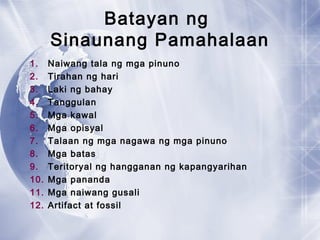 Batayan ng
Sinaunang Pamahalaan
1. Naiwang tala ng mga pinuno
2. Tirahan ng hari
3. Laki ng bahay
4. Tanggulan
5. Mga kawal
6. Mga opisyal
7. Talaan ng mga nagawa ng mga pinuno
8. Mga batas
9. Teritoryal ng hangganan ng kapangyarihan
10. Mga pananda
11. Mga naiwang gusali
12. Artifact at fossil
 