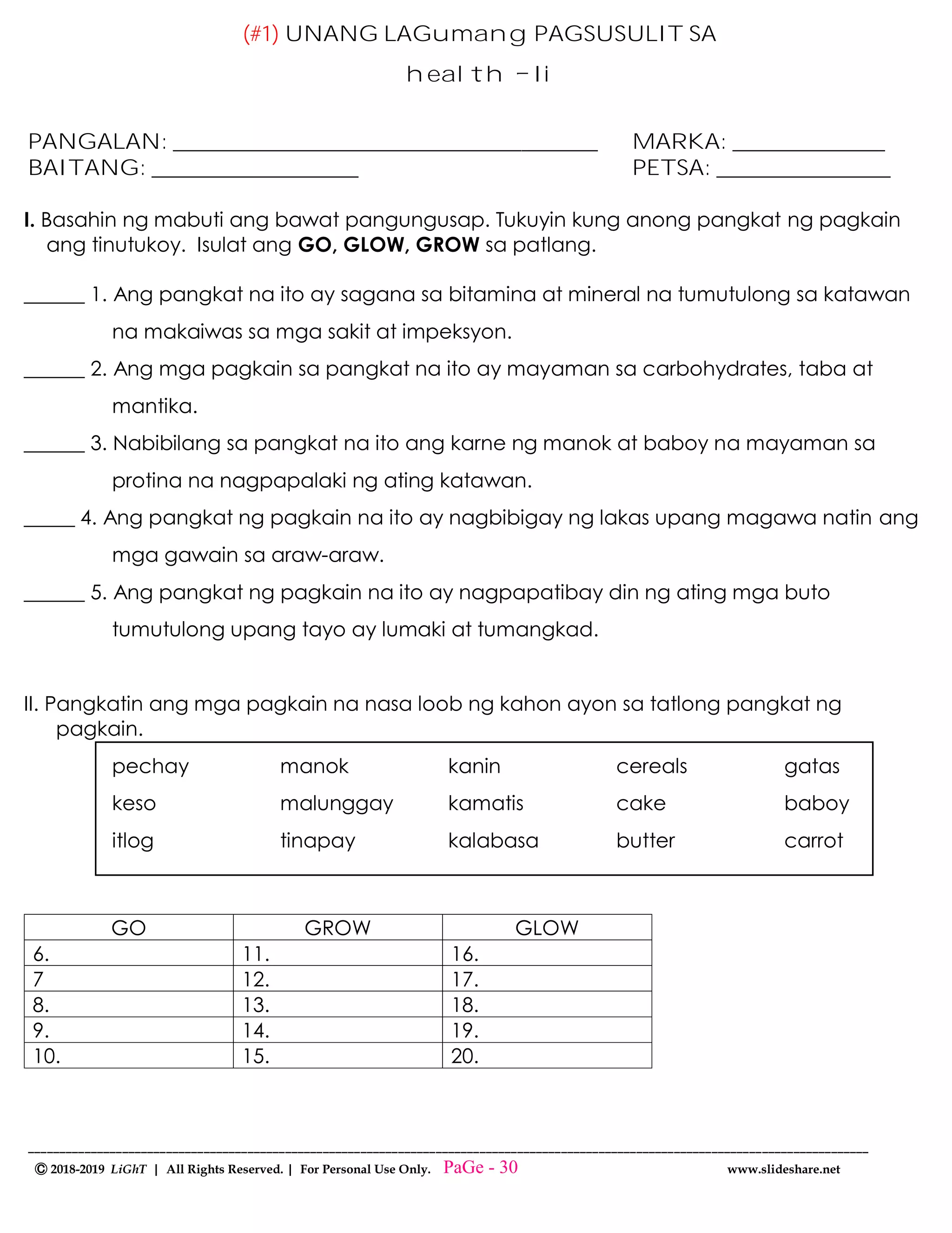 --------------------------------------------------------------------------------------------------------------------------------------
Ⓒ 2018-2019 LiGhT | All Rights Reserved. | For Personal Use Only. www.slideshare.net
(#1) UNANG LAGumang PAGSUSULIT SA
health Ii
PANGALAN: _______________________________________ MARKA: ______________
BAITANG: ___________________ PETSA: ________________
I. Basahin ng mabuti ang bawat pangungusap. Tukuyin kung anong pangkat ng pagkain
ang tinutukoy. Isulat ang GO, GLOW, GROW sa patlang.
______ 1. Ang pangkat na ito ay sagana sa bitamina at mineral na tumutulong sa katawan
na makaiwas sa mga sakit at impeksyon.
______ 2. Ang mga pagkain sa pangkat na ito ay mayaman sa carbohydrates, taba at
mantika.
______ 3. Nabibilang sa pangkat na ito ang karne ng manok at baboy na mayaman sa
protina na nagpapalaki ng ating katawan.
_____ 4. Ang pangkat ng pagkain na ito ay nagbibigay ng lakas upang magawa natin ang
mga gawain sa araw-araw.
______ 5. Ang pangkat ng pagkain na ito ay nagpapatibay din ng ating mga buto
tumutulong upang tayo ay lumaki at tumangkad.
II. Pangkatin ang mga pagkain na nasa loob ng kahon ayon sa tatlong pangkat ng
pagkain.
pechay manok kanin cereals gatas
keso malunggay kamatis cake baboy
itlog tinapay kalabasa butter carrot
GO GROW GLOW
6. 11. 16.
7 12. 17.
8. 13. 18.
9. 14. 19.
10. 15. 20.
PaGe - 30
 
