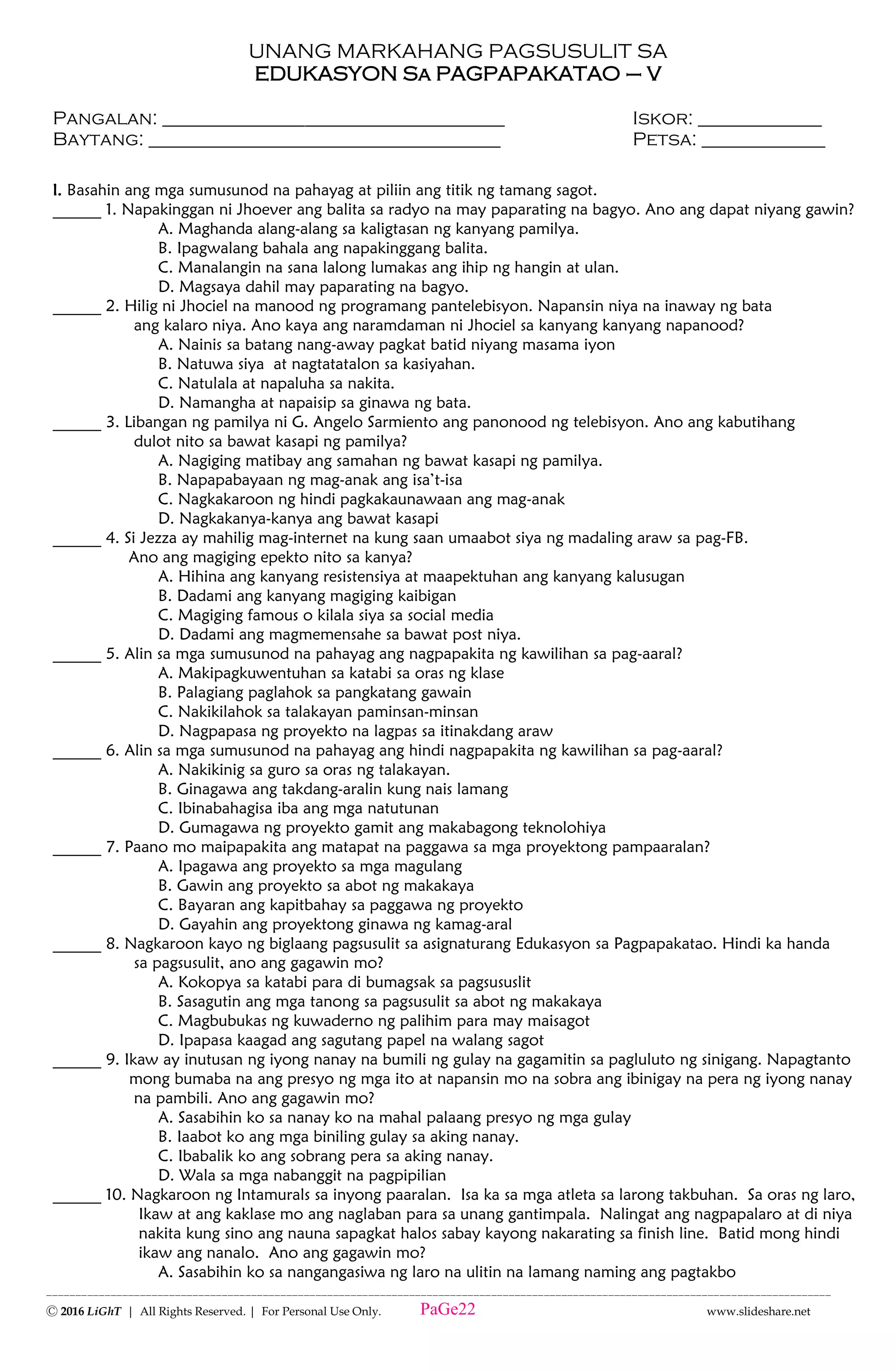 K TO 12 GRADE 5 UNANG MARKAHANG PAGSUSULIT | PDF
