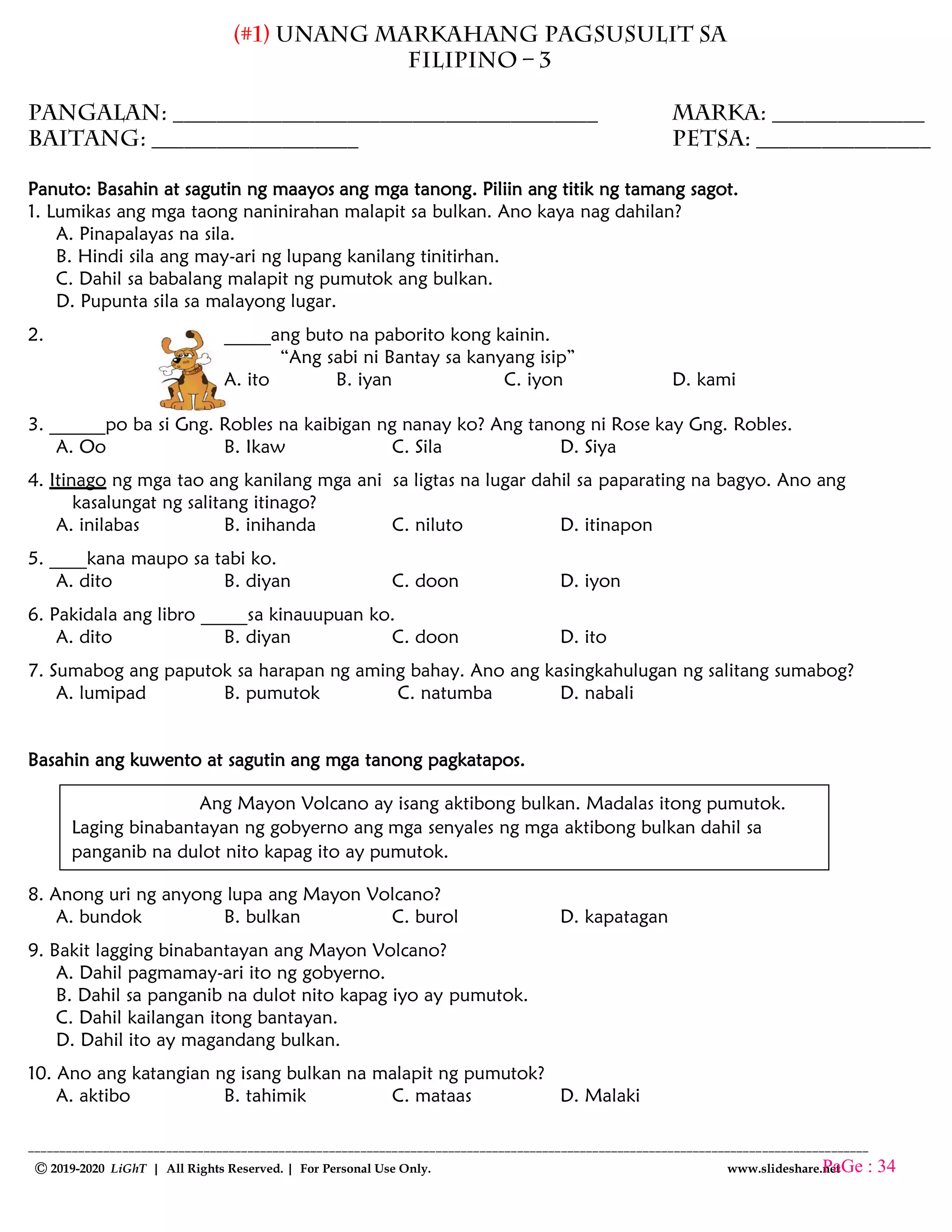 K TO 12 GRADE 3 UNANG MARKAHANG PAGSUSULIT | PDF