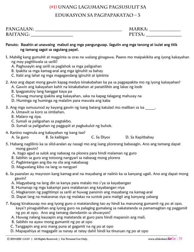 K TO 12 GRADE 3 UNANG MARKAHANG PAGSUSULIT | PDF