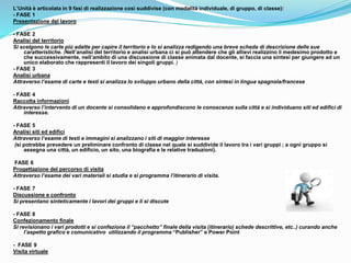 L’Unità è articolata in 9 fasi di realizzazione così suddivise (con modalità individuale, di gruppo, di classe):
- FASE 1
Presentazione del lavoro
- FASE 2
Analisi del territorio
Si scelgono le carte più adatte per capire il territorio e lo si analizza redigendo una breve scheda di descrizione delle sue
caratteristiche. (Nell’analisi del territorio e analisi urbana ci si può attendere che gli allievi realizzino il medesimo prodotto e
che successivamente, nell’ambito di una discussione di classe animata dal docente, si faccia una sintesi per giungere ad un
unico elaborato che rappresenti il lavoro dei singoli gruppi. )
- FASE 3
Analisi urbana
Attraverso l’esame di carte e testi si analizza lo sviluppo urbano della città, con sintesi in lingua spagnola/francese
- FASE 4
Raccolta informazioni
Attraverso l’intervento di un docente si consolidano e approfondiscono le conoscenze sulla città e si individuano siti ed edifici di
interesse.
- FASE 5
Analisi siti ed edifici
Attraverso l’esame di testi e immagini si analizzano i siti di maggior interesse
(si potrebbe prevedere un preliminare confronto di classe nel quale si suddivide il lavoro tra i vari gruppi ; a ogni gruppo si
assegna una città, un edificio, un sito, una biografia e le relative traduzioni).
FASE 6
Progettazione del percorso di visita
Attraverso l’esame dei vari materiali si studia e si programma l’itinerario di visita.
- FASE 7
Discussione e confronto
Si presentano sinteticamente i lavori dei gruppi e li si discute
- FASE 8
Confezionamento finale
Si revisionano i vari prodotti e si confeziona il “pacchetto” finale della visita (itinerario) schede descrittive, etc..) curando anche
l’aspetto grafico e comunicativo utilizzando il programma “Publisher” e Power Point
- FASE 9
Visita virtuale
 