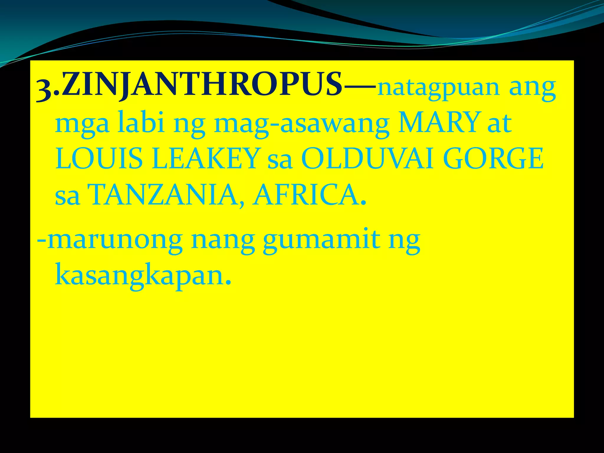 3.ZINJANTHROPUS—natagpuan ang
mga labi ng mag-asawang MARY at
LOUIS LEAKEY sa OLDUVAI GORGE
sa TANZANIA, AFRICA.
-marunong nang gumamit ng
kasangkapan.
 