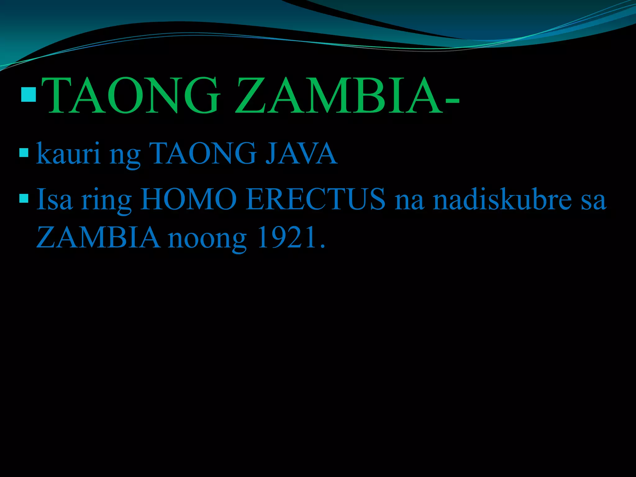 TAONG ZAMBIA-
 kauri ng TAONG JAVA
 Isa ring HOMO ERECTUS na nadiskubre sa
ZAMBIA noong 1921.
 