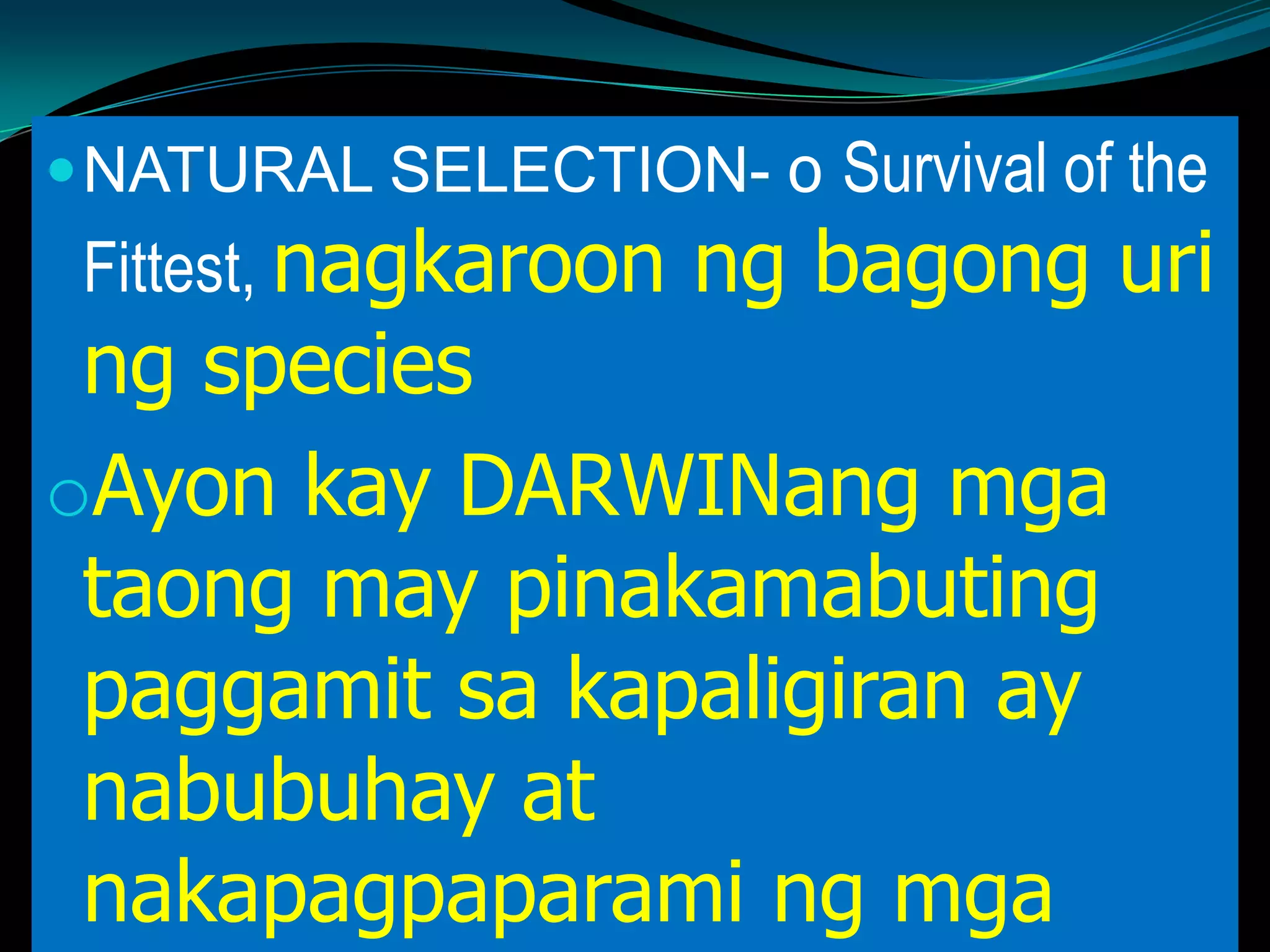 NATURAL SELECTION- o Survival of the
Fittest, nagkaroon ng bagong uri
ng species
oAyon kay DARWINang mga
taong may pinakamabuting
paggamit sa kapaligiran ay
nabubuhay at
nakapagpaparami ng mga
 