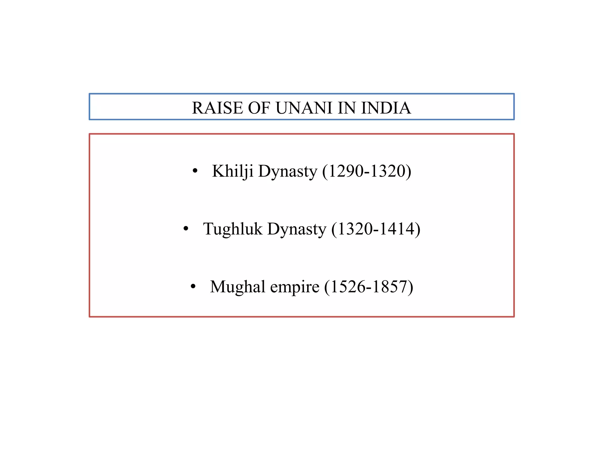 RAISE OF UNANI IN INDIA
• Khilji Dynasty (1290-1320)
• Tughluk Dynasty (1320-1414)
• Mughal empire (1526-1857)
• Khilji Dynasty (1290-1320)
• Tughluk Dynasty (1320-1414)
• Mughal empire (1526-1857)
 