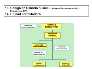 13. Código de Usuario SICON – información presupuestal y
Financiera a CPN.
14. Unidad Formuladora