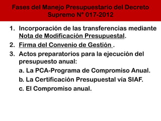 Fases del Manejo Presupuestario del Decreto
Supremo N° 017-2012
1. Incorporación de las transferencias mediante
Nota de Modificación Presupuestal.
2. Firma del Convenio de Gestión .
3. Actos preparatorios para la ejecución del
presupuesto anual:
a. La PCA-Programa de Compromiso Anual.
b. La Certificación Presupuestal vía SIAF.
c. El Compromiso anual.