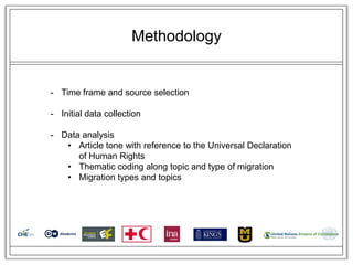 Methodology


- Time frame and source selection

- Initial data collection

- Data analysis
   • Article tone with reference to the Universal Declaration
      of Human Rights
   • Thematic coding along topic and type of migration
   • Migration types and topics
 