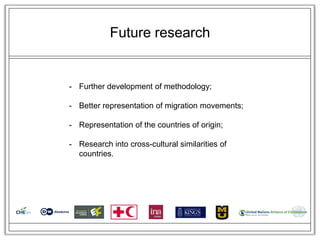 Future research


- Further development of methodology;

- Better representation of migration movements;

- Representation of the countries of origin;

- Research into cross-cultural similarities of
  countries.
 