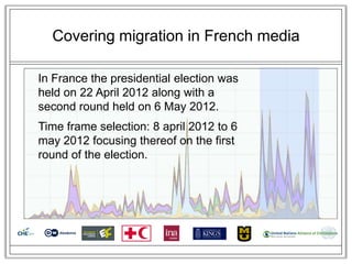 Covering migration in French media

In France the presidential election was
held on 22 April 2012 along with a
second round held on 6 May 2012.
Time frame selection: 8 april 2012 to 6
may 2012 focusing thereof on the first
round of the election.
 