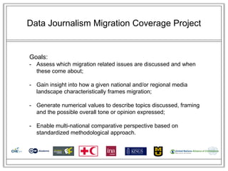 Data Journalism Migration Coverage Project


Goals:
- Assess which migration related issues are discussed and when
  these come about;

- Gain insight into how a given national and/or regional media
  landscape characteristically frames migration;

- Generate numerical values to describe topics discussed, framing
  and the possible overall tone or opinion expressed;

- Enable multi-national comparative perspective based on
  standardized methodological approach.
 
