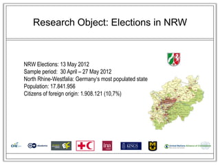 Research Object: Elections in NRW



NRW Elections: 13 May 2012
Sample period: 30 April – 27 May 2012
North Rhine-Westfalia: Germany‘s most populated state
Population: 17.841.956
Citizens of foreign origin: 1.908.121 (10,7%)
 