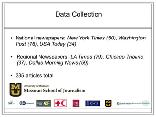 Data Collection


• National newspapers: New York Times (50), Washington
  Post (76), USA Today (34)

• Regional Newspapers: LA Times (79), Chicago Tribune
  (37), Dallas Morning News (59)

• 335 articles total
 