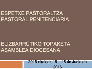 ESPETXE PASTORALTZA
PASTORAL PENITENCIARIA
ELIZBARRUTIKO TOPAKETA
ASAMBLEA DIOCESANA
2016-ekainak-18 -- 18 de Junio de
2016
 