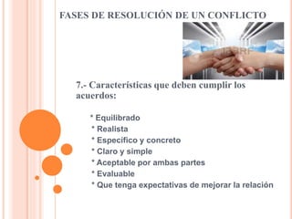 FASES DE RESOLUCIÓN DE UN CONFLICTO
7.- Características que deben cumplir los
acuerdos:
* Equilibrado
* Realista
* Específico y concreto
* Claro y simple
* Aceptable por ambas partes
* Evaluable
* Que tenga expectativas de mejorar la relación
 
