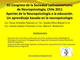 Lic. Oscar Arístides Palacio(1.2) Lic. Sandra Silvia Balossi (1-2)
Lic. Lorena Andrea Victoria(1-2) Lic. María E. Benítez(2)
Instituciones
1. Dirección Gral. de Cultura y Educación de la Pcia. de Buenos Aires, Modalidad de
Psicología Comunitaria y Pedagogía Social; Equipo de Orientación Escolar Distrital de
Malvinas Argentinas.
2. Instituto de Neuropsicología Aplicada a la Educación, Asociación Civil, Cdad. Autónoma
de Buenos Aires, Argentina.
inae.sociedad.civil@gmail.com
 