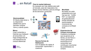 01	
  
Omnicanalidad
El Cliente debe tener a
su disposición
plataformas que le
permitan comprar
cómo y cuándo quiera.
Marca
Crear contenidos e
historias que impliquen
al consumidor y lo
haga protagonista de
una experiencia de
compra diferencial. Nuevas formas de
fidelización
Con el objetivo de captar al
consumidor “oportunista” u
ocasional.
Experiencias de
Compra innovadoras
Cuidando el ambiente
que se genera en la
tienda, ya sea físico o
virtual, generando
emociones en el
consumidor que
contribuyan a aumentar
las posibilidades de
compra.
Movilidad
No basta con estar
preparados sino que
hay que ser “mobile
first”. La capacidad
de geolocalización
brinda infinidad de
oportunidades e
incrementa las
compras en el Retail
local.
Time to market (delivery)
Es necesario ser más rápidos para salir
al mercado, para dar respuesta a los
deseos de los Clientes y para la entrega
de los servicios o productos.
…	
  en	
  Retail	
  
Vídeo	
  2	
  
OnTheSpot	
  
 
