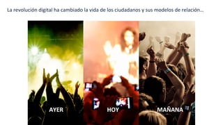 La	
  revolución	
  digital	
  ha	
  cambiado	
  la	
  vida	
  de	
  los	
  ciudadanos	
  y	
  sus	
  modelos	
  de	
  relación…	
  
AYER	
   HOY	
   MAÑANA	
  
 