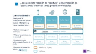 …	
  con	
  una	
  clara	
  vocación	
  de	
  “apertura”	
  y	
  de	
  generación	
  de	
  
“ecosistemas”	
  de	
  socios	
  tanto	
  globales	
  como	
  locales	
  
La	
  transversalidad	
  es	
  
clave	
  para	
  la	
  
transformación	
  en	
  una	
  
ciudad	
  inteligente	
  y	
  
como	
  palanca	
  para…	
  	
  
ü Reducir	
  costes	
  y	
  ganar	
  
eﬁciencias	
  
ü Mejorar	
  la	
  calidad	
  de	
  vida	
  
en	
  la	
  ciudad	
  
ü Impulsar	
  un	
  mejor	
  
gobierno	
  y	
  planiﬁcación	
  de	
  la	
  
ciudad	
  
ü Fomentar	
  la	
  innovación	
  
abierta	
  
Vídeo	
  3	
  
SmartciCes	
  
 