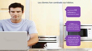 Los	
  clientes	
  han	
  cambiado	
  sus	
  hábitos	
  
Hay	
  más	
  de	
  230	
  
millones	
  de	
  
internautas	
  en	
  Latam	
  
El	
  59%	
  de	
  los	
  
internautas	
  compró	
  
productos	
  y	
  servicios	
  
online	
  el	
  año	
  pasado	
  
8	
  de	
  cada	
  10	
  
consumidores	
  la*nos	
  
inves*gan	
  y	
  compran	
  
productos	
  online	
  
semanalmente	
  
 