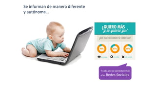 Se	
  informan	
  de	
  manera	
  diferente	
  
y	
  autónoma…	
  
Y	
  cada	
  vez	
  se	
  conectan	
  más	
  
a	
  las	
  Redes	
  Sociales	
  
 