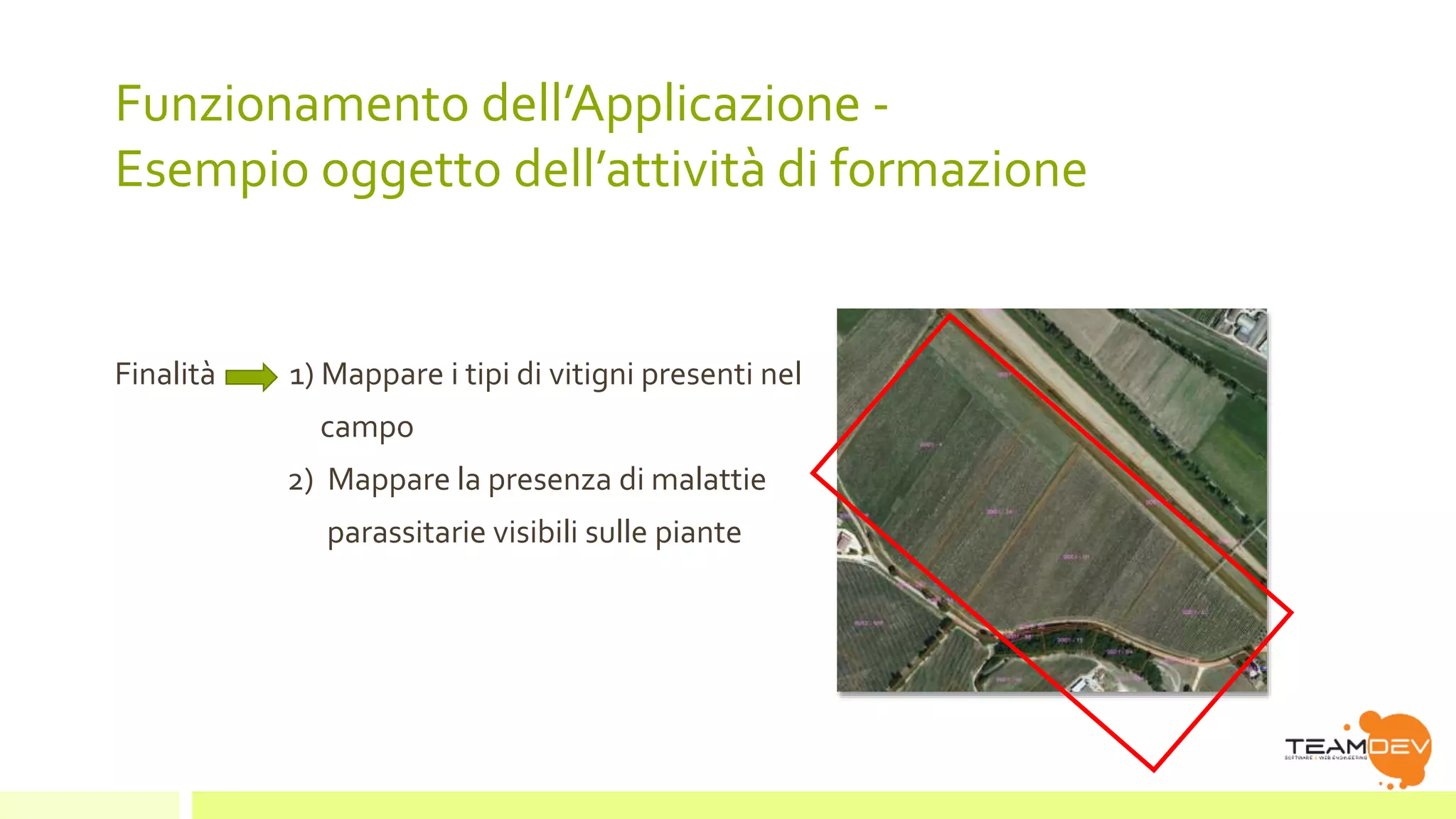Funzionamento dell’Applicazione - 
Esempio oggetto dell’attività di formazione 
Finalità 1) Mappare i tipi di vitigni presenti nel 
campo 
2) Mappare la presenza di malattie 
parassitarie visibili sulle piante 
 