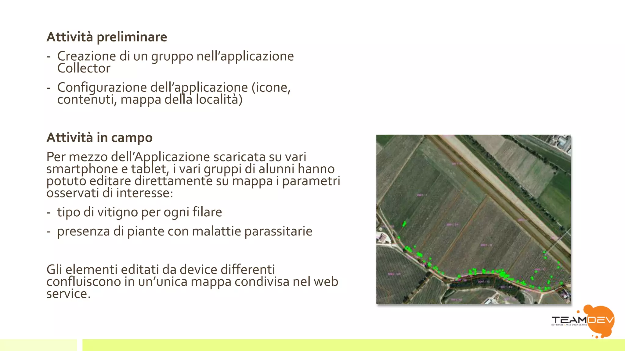 Attività preliminare 
- Creazione di un gruppo nell’applicazione 
Collector 
- Configurazione dell’applicazione (icone, 
contenuti, mappa della località) 
Attività in campo 
Per mezzo dell’Applicazione scaricata su vari 
smartphone e tablet, i vari gruppi di alunni hanno 
potuto editare direttamente su mappa i parametri 
osservati di interesse: 
- tipo di vitigno per ogni filare 
- presenza di piante con malattie parassitarie 
Gli elementi editati da device differenti 
confluiscono in un’unica mappa condivisa nel web 
service. 
 