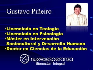Gustavo Piñeiro

•Licenciado en Teología
•Licenciado en Psicología
•Máster en Intervención
 Sociocultural y Desarrollo Humano
•Doctor en Ciencias de la Educación


             Bienestar Integral
 