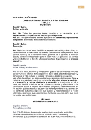 14




FUNDAMENTACIÓN LEGAL
            CONSTITUCIÓN DE LA REPÚBLICA DEL ECUADOR
                             TITULO II
                            DERECHOS
Sección Cuarta
Cultura y ciencia

Art. 24.- Todas las personas tienen derecho a la recreación y al
esparcimiento, a la práctica del deporte y el tiempo libre.
Art. 25.- Toda persona tiene derecho a gozar de los beneficios y aplicaciones
del proceso científico y de los saberes ancestrales.

Sección Quinta
Educación

Art. 26.- La educación es un derecho de las personas a lo largo de su vida y un
deber ineludible e inexcusable del Estado. Constituye un área prioritaria de la
política pública y de la inversión estatal, garantía de la igualdad e inclusión
social y condición indispensable para el buen vivir. Las personas, las familias
y la sociedad tienen el derecho y la responsabilidad de participar en el proceso
educativo.

Sección quinta
Niñas, niños y adolescentes

Art. 46.- Las niñas, los niños y adolescentes gozarán de los derechos comunes
del ser humano, además de los específicos de su edad. El Estado reconocerá y
garantizará la vida, incluido el cuidado y protección desde la concepción.
Las niñas, los niños y los adolescentes tienen derecho a la integridad física y
psíquica; a su identidad, nombre y ciudadanía; a la salud integral y nutrición;
a la educación y cultura, al deporte y recreación; a la seguridad social; a
tener una familia y disfrutar de la convivencia familiar y comunitaria; a la
participación social; al respeto de su libertad y dignidad; a ser consultados en
los asuntos que les afecten; a educarse de manera prioritaria en su idioma y en
los contextos culturales propios de sus pueblos y nacionalidades; y a recibir
información acerca de sus progenitores o familiares ausentes, salvo que fuera
perjudicial para su bienestar.

                               TÍTULO VI
                        RÉGIMEN DE DESARROLLO

Capitulo primero
Principios generales

Art. 275.- El régimen de desarrollo es el conjunto organizado, sostenible y
dinámico de los sistemas económicos, políticos, socio‐culturales y
ambientales, que garantizan la realización del buen vivir, del sumak kawsay.
 