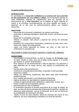 32

PLANIFICACIÓN EDUCATIVA

INTRODUCCIÓN:
En caminados en el desarrollo multilateral y la construcción de la pirámide
de alto rendimiento con una calidad y calidez, nos es necesario plantear en
cada GIMNASIO, políticas de mejoramiento para los alumnos en la
estructuración de un Plan Educativo con el objetivo de lograr mejorías en
cuanto a su formación socio-educacional, así como también nos ayude a
obtención de un alto nivel de perfeccionamiento atlético con nuestros
educandos.

OBJETIVOS:
- Desarrollar de la formación multilateral y de valores humanistas.
- Acrecentar su identidad ideológica y desarrollar el amor a la Provincia como
  el País.
- Desarrollar la mentalidad colectivista.
- Obtener un elevado nivel cultural y practicar las normas de conductas
  correctas.
- Establecer los compromisos individuales y colectivos de cada macro ciclo,
  mezo ciclo, etapas, del entrenamiento.
- Lograr una buena capacidad de trabajo, así como un alto nivel de
  rendimiento en competencias.

PROGRAMA A TENER EN CUENTA DENTRO Y FUERA DEL GIMNASIO

AUSENTISMO:
- Impuntualidad al entrenamiento, se dará un margen de 10 minutos luego
  de haber iniciado la clase, para que el atleta pueda ingresar si no tendrá
  que esperar al próximo entrenamiento.
- Poco esfuerzo en los entrenamientos o falta de atención a los ejercicios o
  plan elaborado por el cuerpo técnico, esto significa el cumplimiento del
  100%.
- Perdida relativa del compañerismo.
- Conducta en competencias provinciales, nacionales e internacionales.
- Ausencias a clases.
- Atletas con deficiencias académicas, todo atleta debe estar formándose
  académicamente.
- Poco cuidado del gimnasio y sus instalaciones adyacentes.
- Higiene del atleta y la ropa deportiva ( apariencia personal)
- Cuidado e higiene del gimnasio (Multifuerza, colchonetas, duchas, etc.)
- Hurtos (cuidado de las propiedades ajenas).
- Estímulos para los más cumplidores.
- El ausentismo perjudica el proceso ascendente de la carga de trabajo, es
  decir, se viola uno de los principios del entrenamiento deportivo, también las
  relaciones carga descanso que se va afectando, por lo que se disminuye
  las posibilidades de rendimiento del atleta.
- Desde el punto de vista colectivo, afecta los intereses del mismo en sus
  objetivos, así como resquebraja la disciplina y la moral del colectivo.
 