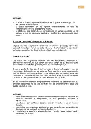 35




MEDIDAS:

-   El entrenador (s) preguntará al atleta que fue lo que se mandó a ejecutar
    (en caso de entrenamiento)
-   El atleta reincidente en no explicar adecuadamente en caso de
    entrenamiento, deberá abandonar el mismo.
-   El atleta que sea separado del entrenamiento en varias ocasiones por no
    atender lo que se hace o se explica se analizará su permanencia en el
    equipo.


ATLETAS CON DEFICIENCIAS ACADEMICAS:

El poco esfuerzo en aprobar los diferentes años lectivos (cursos) y aprovechar
satisfactoriamente su horario docente, interrumpe la efectividad y la asimilación
del trabajo específico del deporte, tanto colectivo como individual.


CONSECUENCIAS:

Los atletas con asignaturas docentes con bajo rendimiento, perjudican su
preparación individual, ya que tienen que tomar tiempo de su descanso para
elaborar tareas y estudios que lo alejan de su actividad deportiva.

Desde el punto de vista colectivo, interrumpe la táctica del grupo, ya que se
muestra con deficiencias en las acciones. Todo esto tiene como consecuencia
que se liberen del entrenamiento a los atletas más atrasados, para que
resuelvan el problema docente, así como también se ve impedido de poder
participar en competencias por los malos rendimientos docentes.

Se les recomienda manejar apropiadamente su tiempo, de tal manera que su
progreso académico no se vea afectado con los entrenamientos, cada uno
puede ordenar su vida.



MEDIDAS:
- Es de carácter obligatorio aprobar los cursos respectivos para participar en
  cualquier actividad o competencia, ya sea provincial, nacional e
  internacional.
- Los alumnos con problemas docentes estarán imposilitados de practicar el
  deporte.
- Los atletas que no puedan participar en dos competencias por problemas
  docentes, se les analizará su baja en el colectivo.
- Los atletas que abandonen el curso lectivo por apatía o poco esfuerzo serán
  separados del equipo.
 