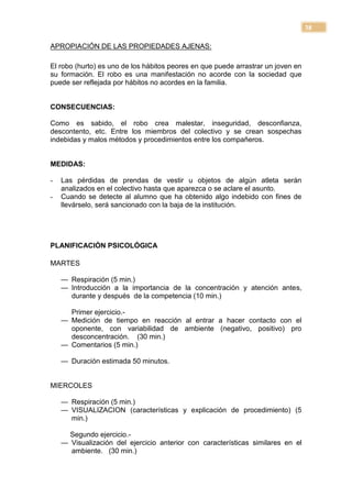 38

APROPIACIÓN DE LAS PROPIEDADES AJENAS:

El robo (hurto) es uno de los hábitos peores en que puede arrastrar un joven en
su formación. El robo es una manifestación no acorde con la sociedad que
puede ser reflejada por hábitos no acordes en la familia.


CONSECUENCIAS:

Como es sabido, el robo crea malestar, inseguridad, desconfianza,
descontento, etc. Entre los miembros del colectivo y se crean sospechas
indebidas y malos métodos y procedimientos entre los compañeros.


MEDIDAS:

-   Las pérdidas de prendas de vestir u objetos de algún atleta serán
    analizados en el colectivo hasta que aparezca o se aclare el asunto.
-   Cuando se detecte al alumno que ha obtenido algo indebido con fines de
    llevárselo, será sancionado con la baja de la institución.




PLANIFICACIÓN PSICOLÓGICA

MARTES

    — Respiración (5 min.)
    — Introducción a la importancia de la concentración y atención antes,
      durante y después de la competencia (10 min.)

      Primer ejercicio.-
    — Medición de tiempo en reacción al entrar a hacer contacto con el
      oponente, con variabilidad de ambiente (negativo, positivo) pro
      desconcentración. (30 min.)
    — Comentarios (5 min.)

    — Duración estimada 50 minutos.


MIERCOLES

    — Respiración (5 min.)
    — VISUALIZACION (características y explicación de procedimiento) (5
      min.)

      Segundo ejercicio.-
    — Visualización del ejercicio anterior con características similares en el
      ambiente. (30 min.)
 