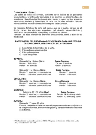 8

.1 PROGRAMA TÉCNICO
Las clases de lucha con novatos, comienza por el estudio de las posiciones
fundamentales. El entrenador demuestra a los alumnos los diferentes tipos de
posiciones y las diferentes técnicas de pie y parter o cuatro puntos, aclarando
siempre sus ventajas y desventajas de cada una de ellas, así como después
individualmente recalcar la más adecuada para cada luchador.

Es necesario fortalecer la parte del cuerpo que es el cuello, porque es allí
donde parten los ejercicios especiales del deporte, desarrollándolo y
fortificando paulatinamente, la espalda y por último las piernas.
También se debe fortificar las diferentes articulaciones, sobre la base de su
flexibilidad.

  PARTE INICIAL DEL PROGRAMA DE ENSEÑANZA PARA LOS ESTILOS
          GRECO ROMANA, LIBRE MASCULINO Y FEMENINO.

        a)   Enseñanza de los medios de la lucha.
        b)   Principales desplazamientos
        c)   Principales agarres.
        d)   Tipos de agarres.

INFANTIL:
     Categoría 9 y 10 años (libre)                         Greco Romana
     De pie - 9 técnicas                                    De pie- 6 técnicas
     Parter- 11 técnicas                                   Parter- 5 técnicas

        Categoría 11 y 13 años (libre)                      Greco Romana
        De pie- 11 técnicas y combinaciones                    De pie- 11 técnicas
        Parter- 12 técnicas y combinaciones                    Parter- 4 técnicas

ESCOLARES:
    Categoría 14 y 15 años (libre)                         Greco Romana
    De pie- 11 técnicas y combinaciones                        De pie- 5 técnicas
    Parter- 11 técnicas y combinaciones                        Parter- 5 técnicas

CADETES:
        Categoría 16 y 17 años (libre)                            Greco Romana
    De pie- 12 técnicas y combinaciones                       De pie- 14 técnicas y comb.
    Parter- 11 técnicas y combinaciones                       Parter- 10 técnicas y comb.

JUVENIL:
    Categoría 17 hasta 20 años
    En esta categoría se debe repasar el programa escolar en conjunto con
    la categoría cadetes, buscando la fijación y perfeccionamiento individual
    de la técnica.




2 Alto Rendimiento- Actividades deportivas INDER “Programa de Preparación del deportista Lucha
Libre y Greco Romana” año 1988.
 