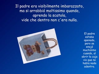 Il padre era visibilmente imbarazzato,
   ma si arrabbió moltissimo quando,
           aprendo la scatola,
    vide che dentro non c'era nulla.


                                      El padre
                                       estaba
                                      apenado,
                                       pero se
                                        enojó
                                     muchisimo
                                     cuando, al
                                    abrir la caja
                                     vio que no
                                     había nada
                                      adentro.
 