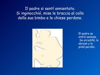 Il padre si sentí annientato.
Si inginocchió, mise le braccia al collo
 della sua bimba e le chiese perdono.


                                    El padre se
                                    sintió asolado.
                                     Se arrodilló, la
                                    abrazó y le
                                    pidió perdón.
 