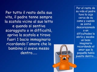 Por el resto de
                                 su vida el padre
 Per tutto il resto della sua      tuvo la caja
 vita, il padre tenne sempre       cerca de su
la scatola vicino al suo letto    cama y cuando
                                     se sintió
      e quando si sentiva        descorazonado
 scoraggiato o in difficoltà,           o en
                                  dificultades la
   apriva la scatola e tirava    abría y sacaba
  fuori 1 bacio immaginario           un beso
  ricordando l'amore che la         imaginario
                                  recordando el
    bambina ci aveva messo         amor que la
            dentro.....           pequeña había
                                 puesto dentro...
 