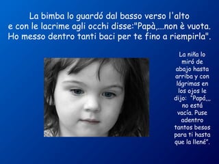 La bimba lo guardó dal basso verso l'alto 
e con le lacrime agli occhi disse:"Papà,...non è vuota. 
Ho messo dentro tanti baci per te fino a riempirla". 
La niña lo 
miró de 
abajo hasta 
arriba y con 
lágrimas en 
los ojos le 
dijo: “Papá,,, 
no está 
vacía. Puse 
adentro 
tantos besos 
para ti hasta 
que la llené”. 
 