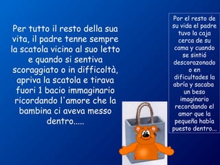 Per tutto il resto della sua 
vita, il padre tenne sempre 
la scatola vicino al suo letto 
e quando si sentiva 
scoraggiato o in difficoltà, 
apriva la scatola e tirava 
fuori 1 bacio immaginario 
ricordando l'amore che la 
bambina ci aveva messo 
dentro..... 
Por el resto de 
su vida el padre 
tuvo la caja 
cerca de su 
cama y cuando 
se sintió 
descorazonado 
o en 
dificultades la 
abría y sacaba 
un beso 
imaginario 
recordando el 
amor que la 
pequeña había 
puesto dentro... 
 
