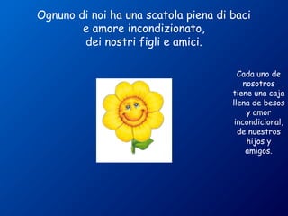 Ognuno di noi ha una scatola piena di baci 
e amore incondizionato, 
dei nostri figli e amici. 
Cada uno de 
nosotros 
tiene una caja 
llena de besos 
y amor 
incondicional, 
de nuestros 
hijos y 
amigos. 
 