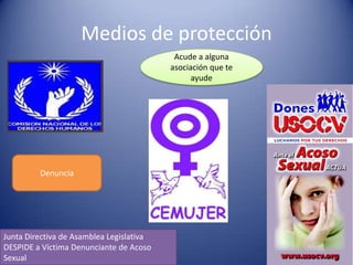 Medios de protección
                                           Acude a alguna
                                          asociación que te
                                                ayude




         Denuncia




Junta Directiva de Asamblea Legislativa
DESPIDE a Víctima Denunciante de Acoso
Sexual
 