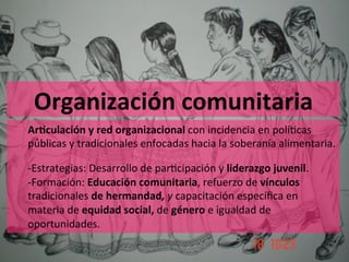 Organización comunitaria 
Ar4culación y red organizacional con incidencia en políPcas 
públicas y tradicionales enfocadas hacia la soberanía alimentaria. 
 

Comercialización alterna4va 

‐ Estrategias: Desarrollo de parPcipación y liderazgo juvenil. 
‐ Formación: Educación comunitaria, refuerzo de vínculos 
tradicionales de hermandad, y capacitación especíﬁca en 
materia de equidad social, de género e igualdad de 
oportunidades. 

 
