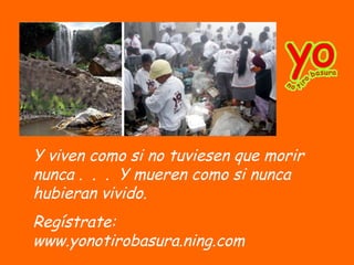 Y viven como si no tuviesen que morir
nunca . . . Y mueren como si nunca
hubieran vivido.
Regístrate:
www.yonotirobasura.ning.com