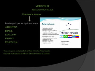 MERCOSUR
MERCADO COMUN DEL SUR
Países que lo integran
Esta integrado porlos siguientes países:
ARGENTINA
BRASIL
PARAGUAY
URUGAY
VENEZUELA
Tiene como paísesasociados a Bolivia,Chile, Colombia,Perú, y Ecuador.
Fue creado el 26 de marzo de 1991 con la firma del Tratado de Asunción
 