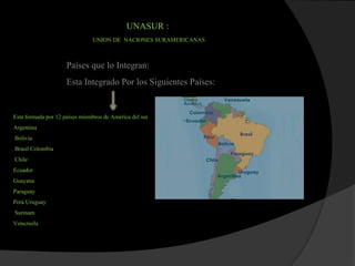 UNASUR :
UNION DE NACIONES SURAMERICANAS
Países que lo Integran:
Esta Integrado Por los Siguientes Países:
Esta formada por 12 países miembros de América del sur
Argentina
Bolivia
BrasilColombia
Chile
Ecuador
Guayana
Paraguay
Perú Uruguay
Surinam
Venezuela
 