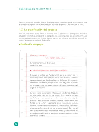 Después de escribir todas las ideas, la docente propuso a los niños pensar en un nombre para
el proyecto. Surgieron varias propuestas, de las cuales eligieron: “Una tienda en el aula”.
1.3. La planificación del docente
Con las propuestas de los niños, la docente hizo su planificación pedagógica, definió la
situación significativa, seleccionó las competencias y desempeños, así como los enfoques
transversales por promover. En otro cuadro planteó las primeras actividades tomando en
cuenta las ideas que surgieron de los niños.
• Planificación pedagógica
Duración aproximada: 2 semanas
Edad: 4 y 5 años
Situación significativa que originó el proyecto
El juego simbólico es fundamental para el desarrollo y
aprendizaje de los niños, por ello, el aula tiene diversos sectores
de juego, siendo uno de ellos el sector del hogar. Sin embargo,
de manera recurrente, surgen otros tipos de juegos en donde
los niños expresan sus vivencias más cercanas, tales como el
juego de la tiendita.
Durante varias semanas los niños juegan a la tienda utilizando
los materiales del sector del hogar. Esto genera algunos
conflictos por el espacio y por los materiales que hay. En
función a esta situación, diseñar y armar con los niños una
tienda como sector respondería a sus necesidades lúdicas;
además, contribuiría al desarrollo de competencias vinculadas
al pensamiento matemático y a la comunicación. Por ello, el
reto que plantearé a los niños será el diseño y construcción de
la tienda; para ello tendrán que poner en juego sus capacidades
de manera creativa.
TÍTULO DEL PROYECTO:
“UNA TIENDA EN EL AULA”
UNA TIENDA EN NUESTRA AULA
12
 